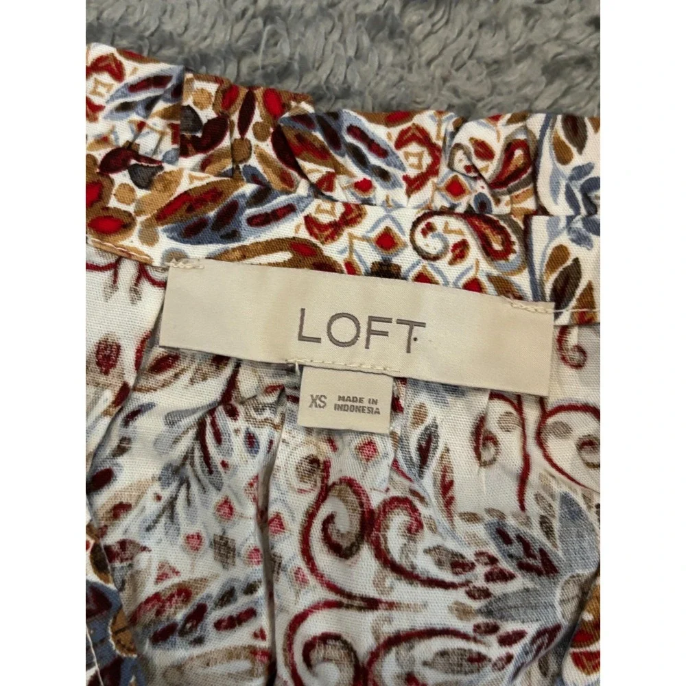 Loft Blouse Womens XS Paisley Ruffle Collar V Neck Long Sleeve Boho Multicolor